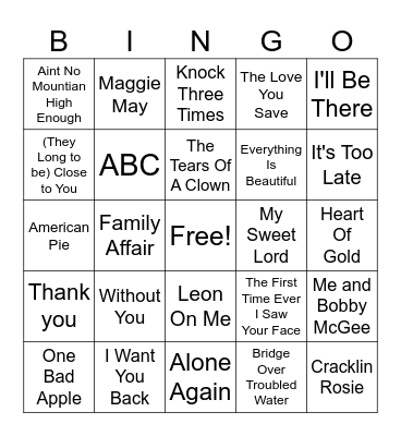 1970-72 Number 1 Songs Bingo Card
