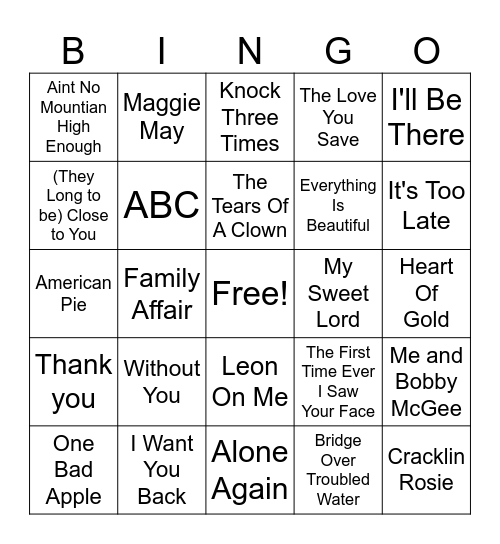 1970-72 Number 1 Songs Bingo Card