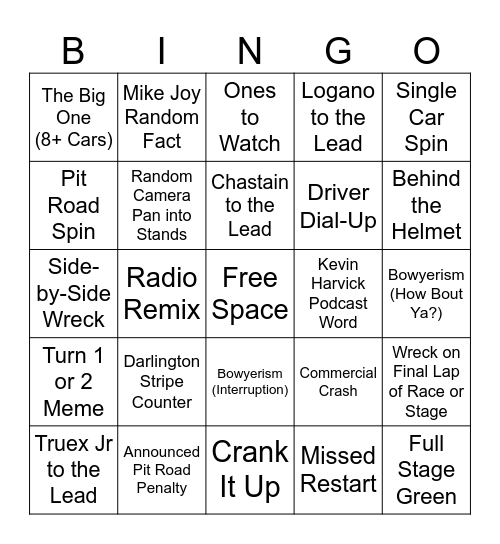 Darlington Bingo Card