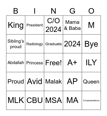 Malak’s Graduation Party Bingo Card