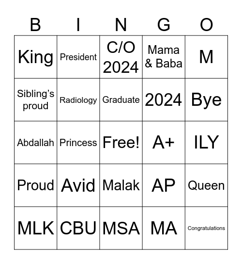 Malak’s Graduation Party Bingo Card