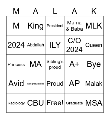 Malak’s Graduation Party Bingo Card