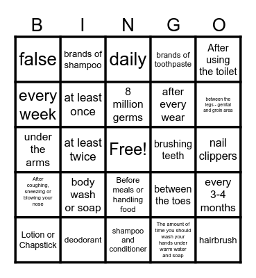 Personal Hygiene Bingo Card