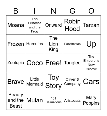 Disney Music Bingo Card