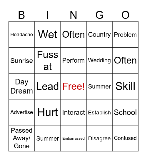 ASL Vocabulary Bingo Card