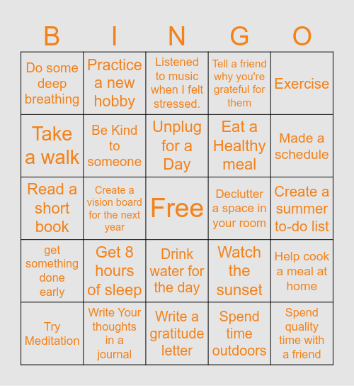 Mental Health Awareness Bingo Card