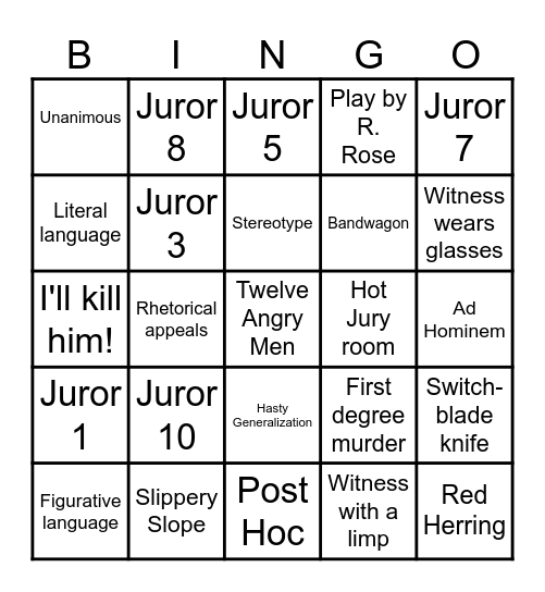 Twelve Angry Men Bingo Card