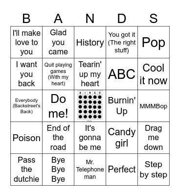 Best Boy Band Songs Bingo Card
