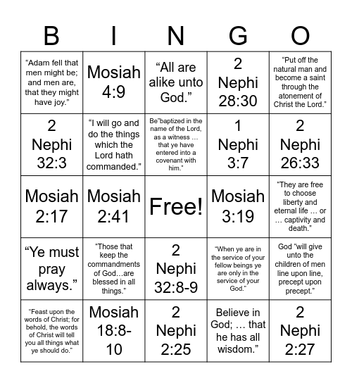 Book of Mormon DM 1 Bingo Card