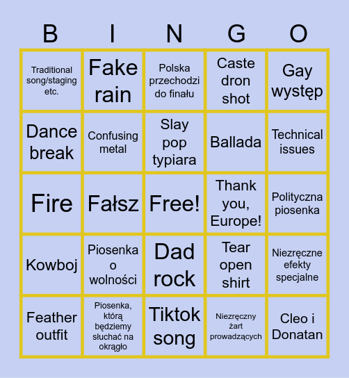Eurovision Semi-Finals Part 1 Bingo Card