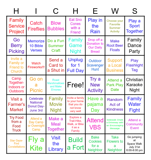 "Hi Chews" Summer Fun Bingo Card