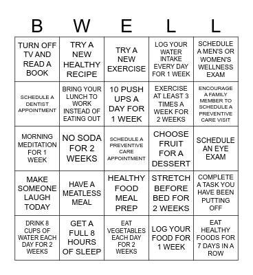 BWELL Bingo Card