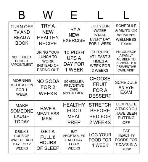 BWELL Bingo Card