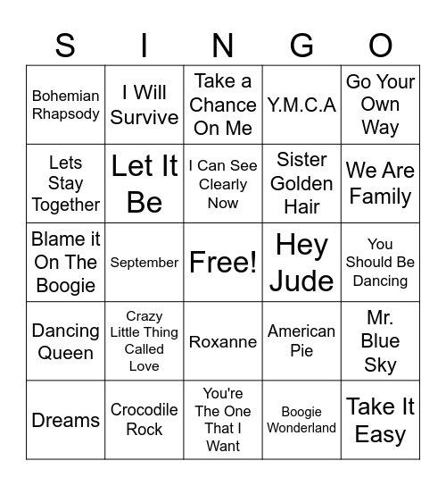 Singo- 70's Hits Bingo Card