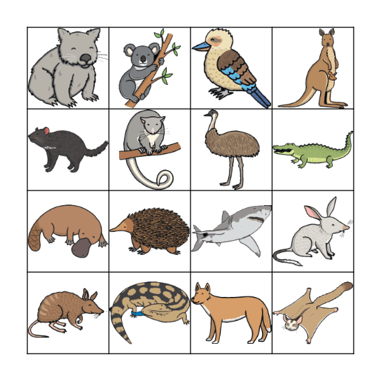 Australian Animal Bingo Card