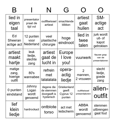 Eurovisie Songfestival 2024 Bingo Card