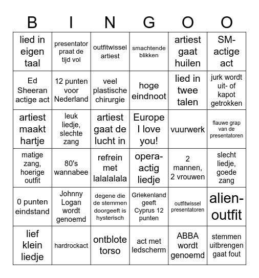 Eurovisie Songfestival 2024 Bingo Card