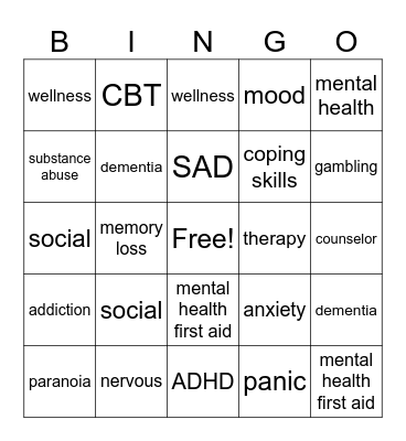 Mental Health Bingo Card