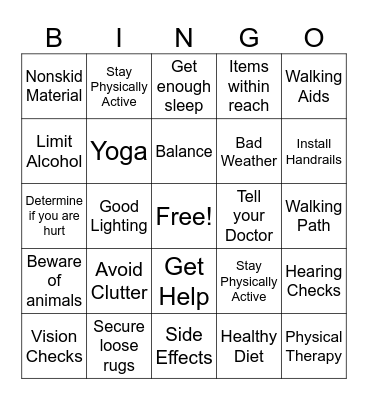 Fall Risk Bingo Card