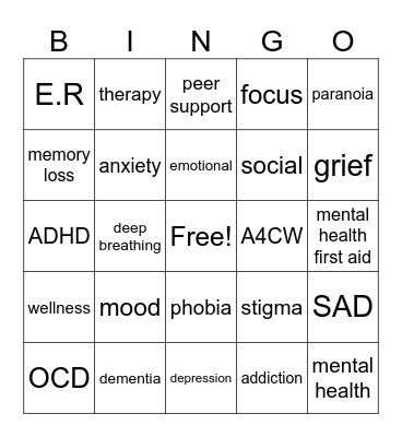 Mental Health Bingo Card