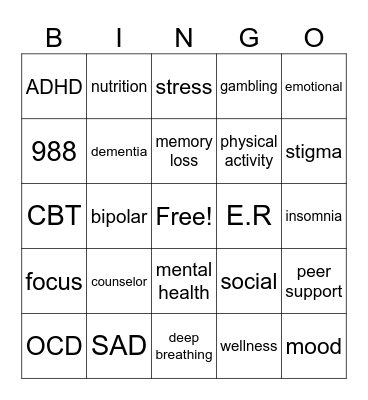 Mental Health Bingo Card