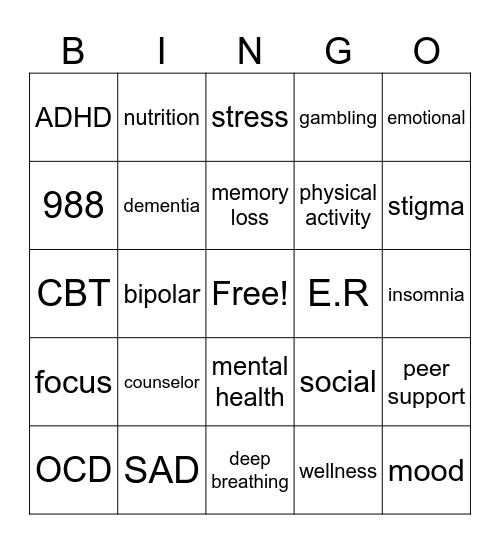 Mental Health Bingo Card