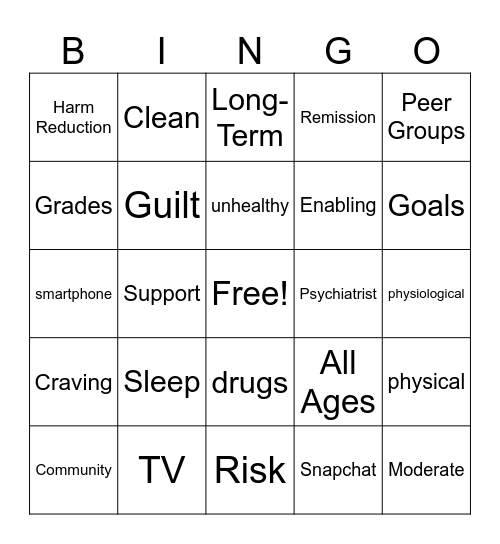 All about Addiction Bingo Card