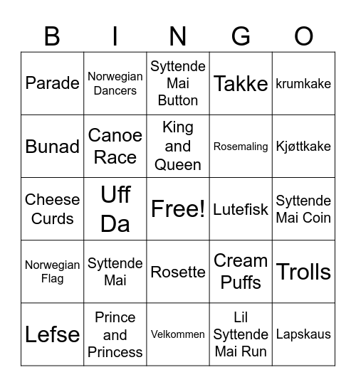 Syttende Mai Bingo Card