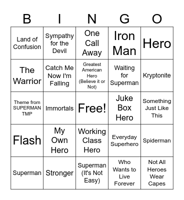 That's Just Super - Songs Bingo Card