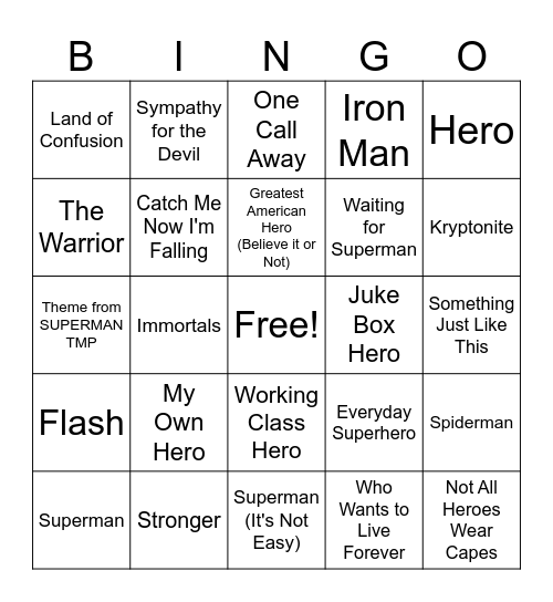 That's Just Super - Songs Bingo Card