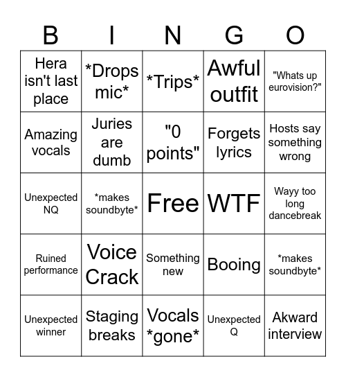 EUROVISION Bingo Card