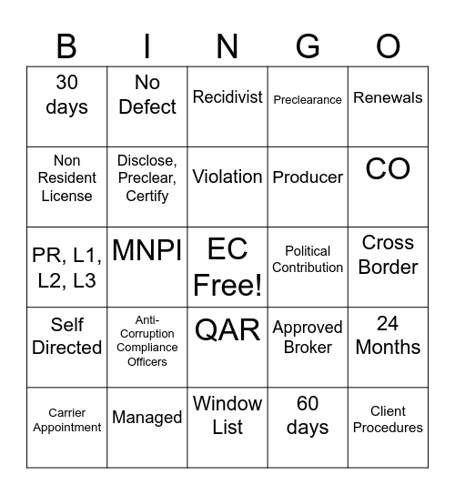 Employee Compliance Bingo Card