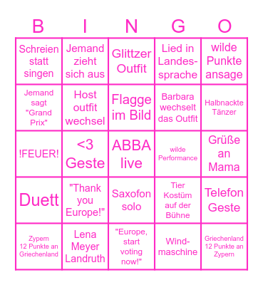 Eurovision Song Contest 2024 Bingo Card