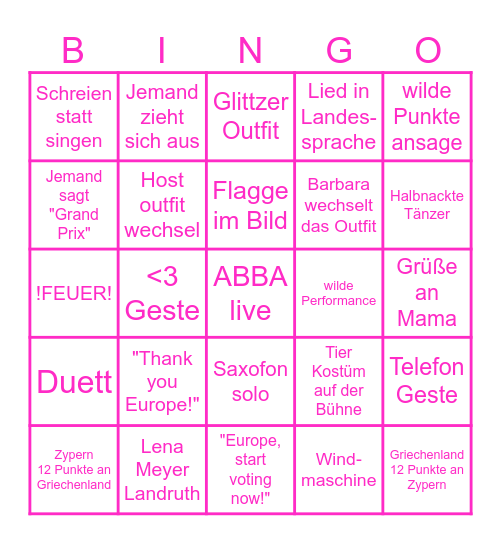 Eurovision Song Contest 2024 Bingo Card