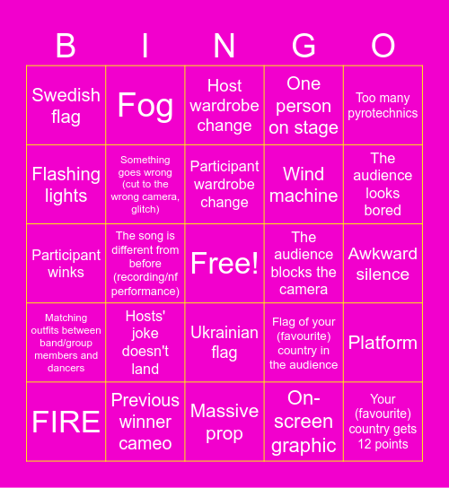 Eurovision 2024 Bingo Card