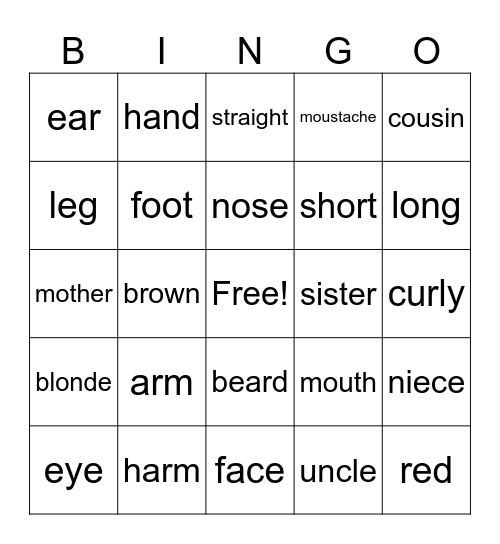 Family and Body parts Bingo Card