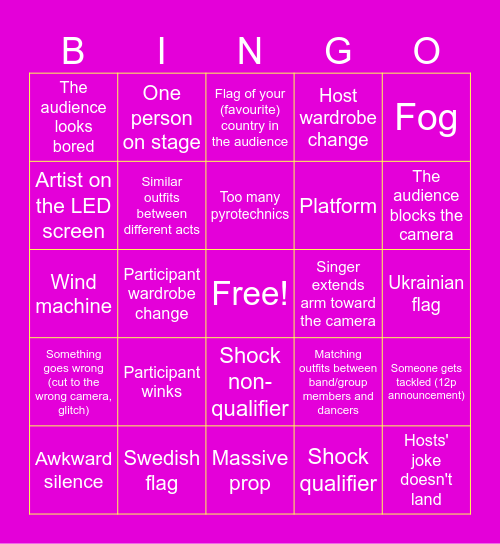 Eurovision 2024 Bingo Card