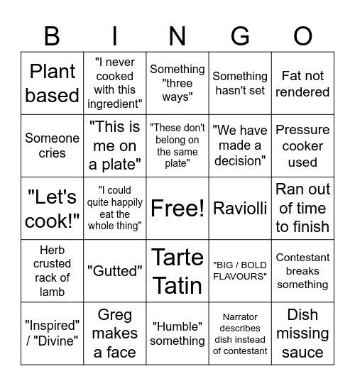 Masterchef UK Bingo Card