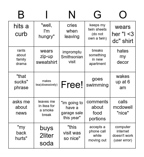 Mom Bingo Card