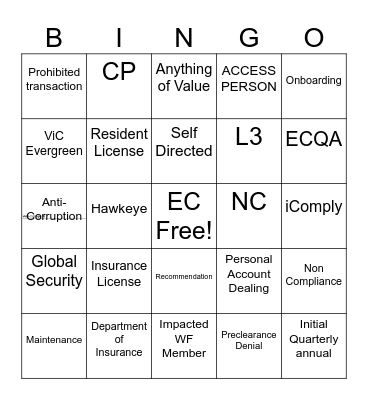 Employee Compliance Bingo Card