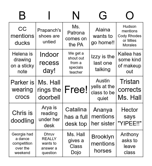 Room 25 Bingo! Bingo Card