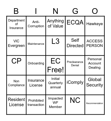 EMPLOYEE COMPLIANCE Bingo Card