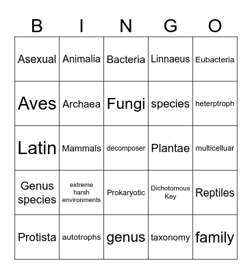 Classification  Biology Bingo Card