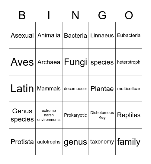 Classification  Biology Bingo Card