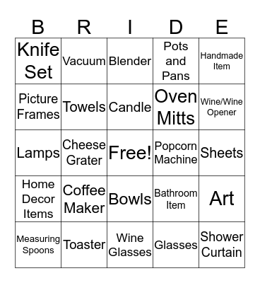 Krista's Bridal Bingo Card