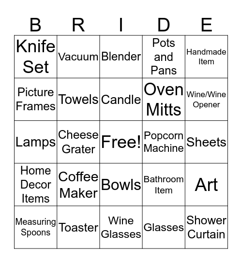 Krista's Bridal Bingo Card