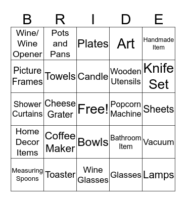 Krista's Bridal Bingo Card