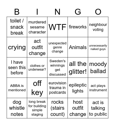 Eurovision Bingo Card