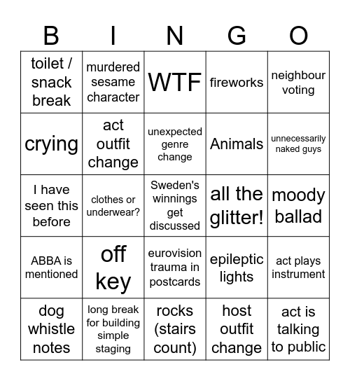 Eurovision Bingo Card