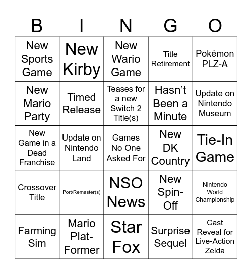 June 2024 Nintendo Direct Bingo Card